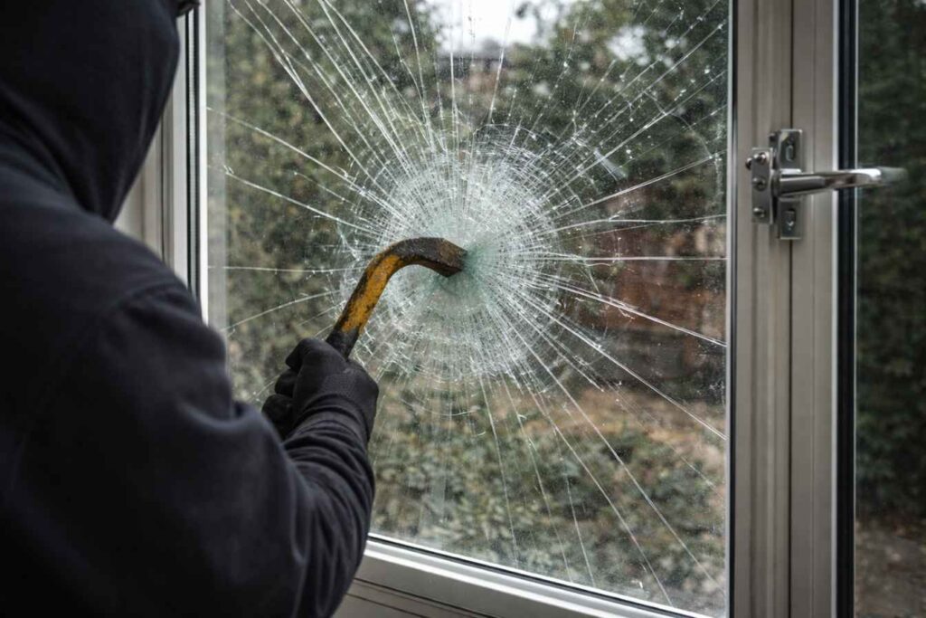 Burglar trying to break a window protected by 3M security film.